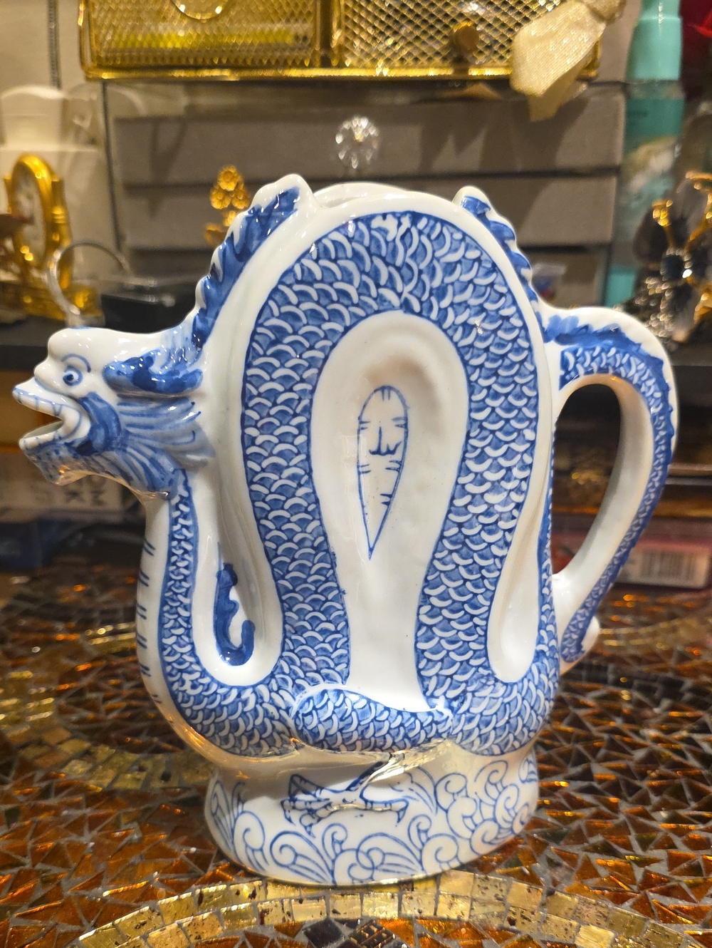 Vintage Blue and White Dragon Ceramic Pitcher